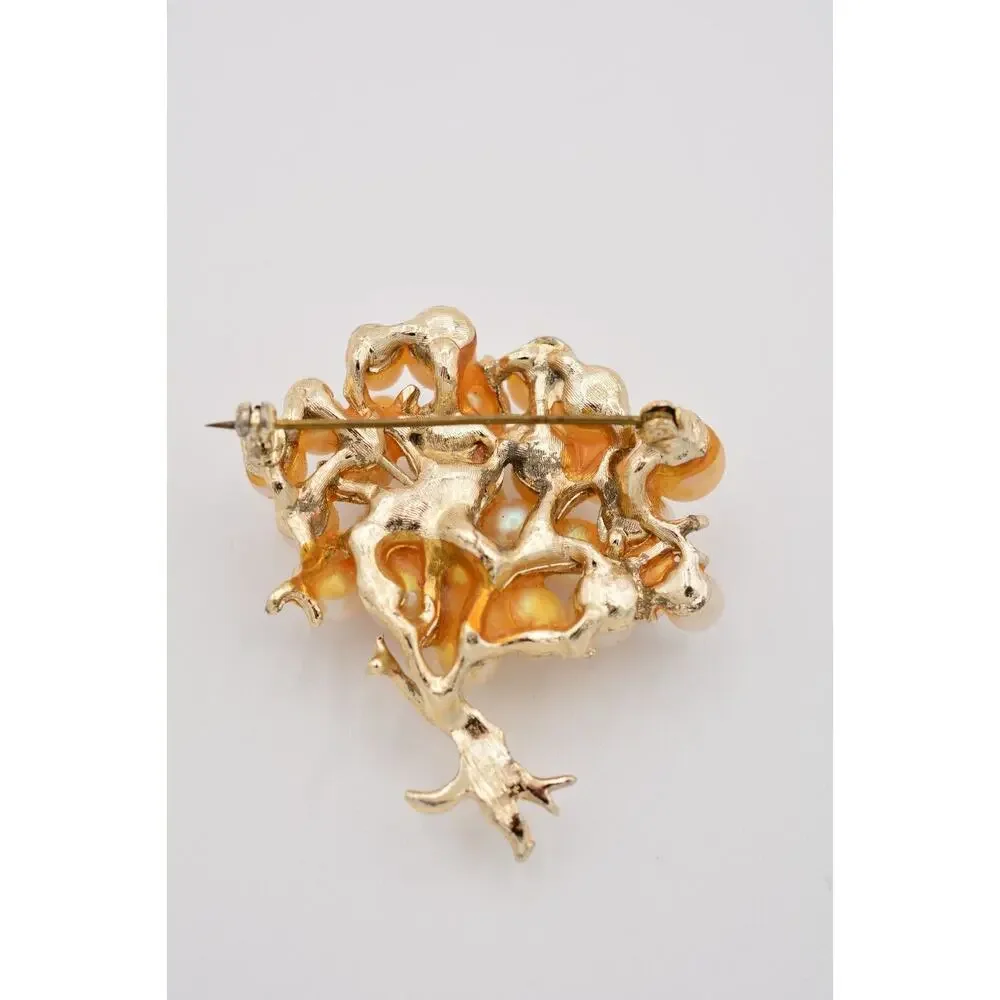 Vintage Tree Pin Brooch Faux Pearl Cluster Gold Tone Chunky Heavy 1980s BinAT